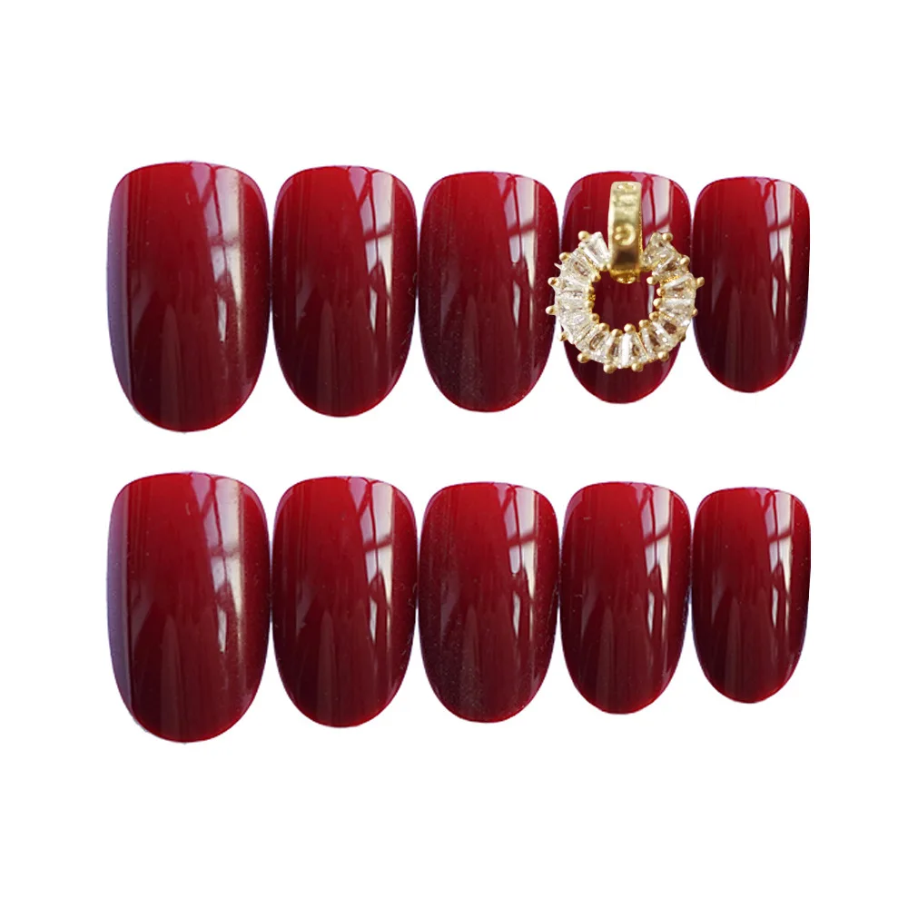 Shiny Wine Red Nails With Design Pointed Finished Minimalist Round Head with Gold Side Nail Art Adhesive Lot Glue 24Count | Красота и