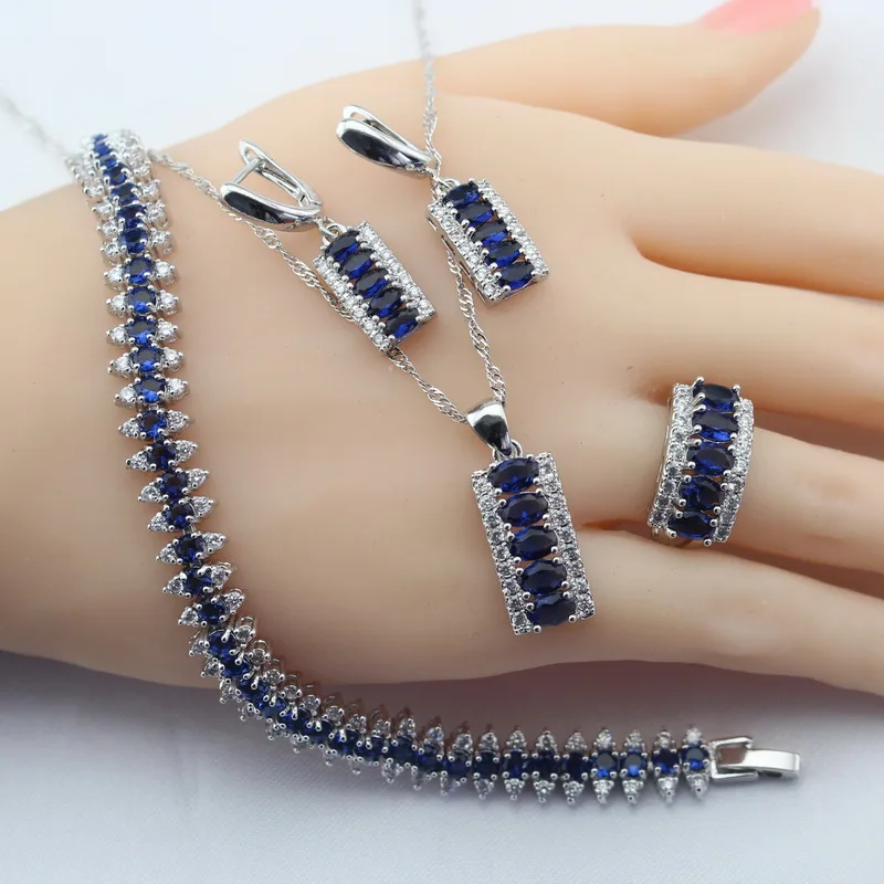 4PCS Blue 4 шт Синий Кубический Цирконий 925 серебряный цвет Ювелирные наборы для женщин браслеты, подвесные колье серьги кольца подарочная коробка - Окраска металла: 4PCS Blue