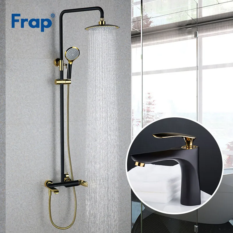 

Frap Black Golden Bathroom Shower Faucet With Basin Faucet Cold and Hot Water Mixer Tap Wall Mounted faucets Crane Y24001+Y10057