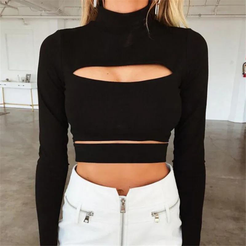 New Women Sexy Special Black Crop Tops Fashion 2018 Ladies Long Sleeve Hollow Out Club Party Sweaters Autumn Winter Pullover Top | Женская