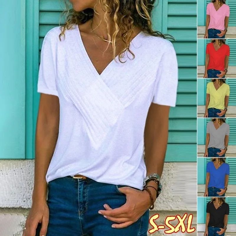 

2019 spring and summer women's new slim stitching V-neck short-sleeved solid color T-shirt women's clothing
