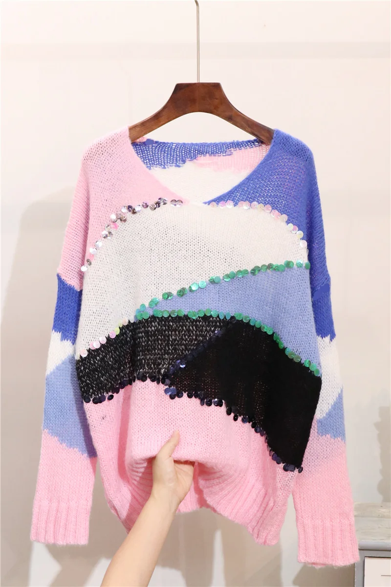 Off Shoulder 2018New autumn Women's Loose sweaters fashion pullovers Sequin V-neck Contrast color Street wear knitted jumpers | Женская