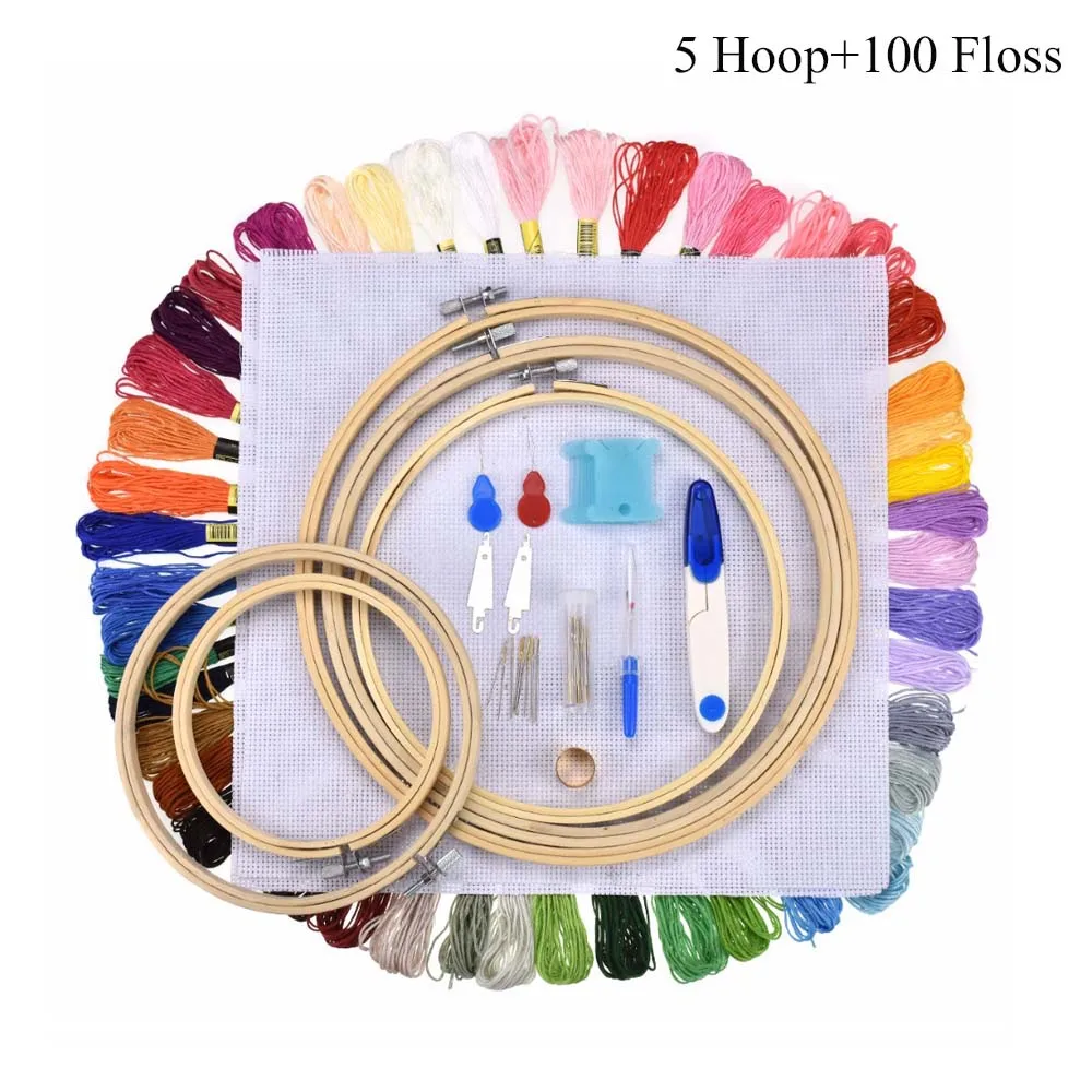 5 Hoop and 100 Floss Набор для вышивания, Набор для вышивания крестиком, 50/100 цветных ниток для вышивания, бамбуковые обручи для вышивания, набор для шитья/инструменты для вышивки крестом - Цвет: 5 Hoop and 100 Floss