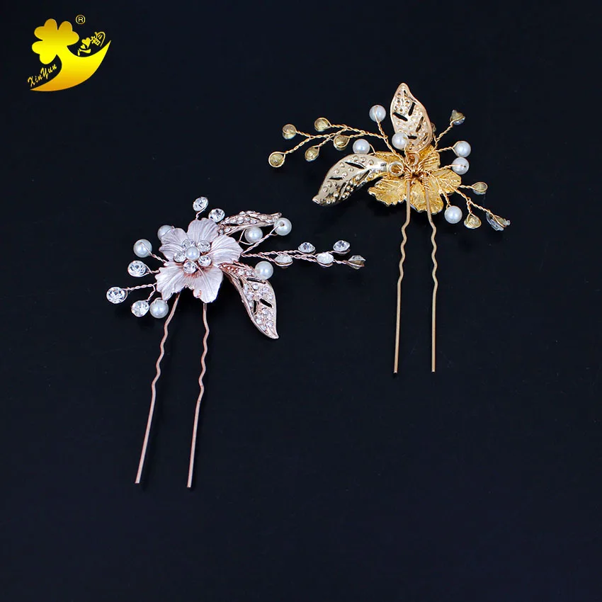 Xinyun New Romantic Hair Pins Accessories Golden Openwork Leaf Bridal Accessory Rhinestone Pearl U-Shaped Girl Hairpin | Украшения и