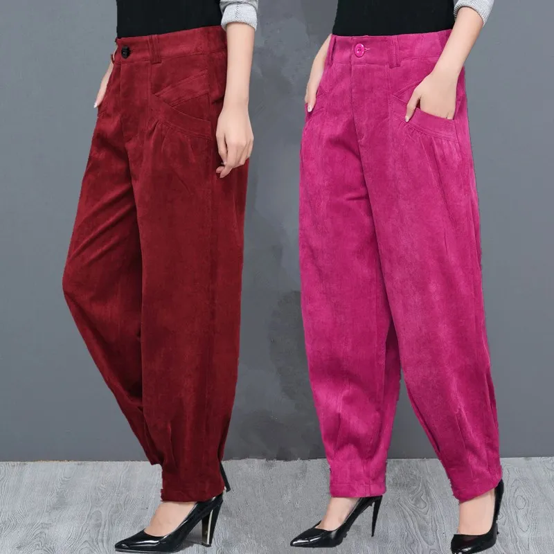 

Spring and Autumn Women's Fashion High Waist Large Size Corduroy Loose Casual Radish Pants Long Solid Color Feet Harlan Pants