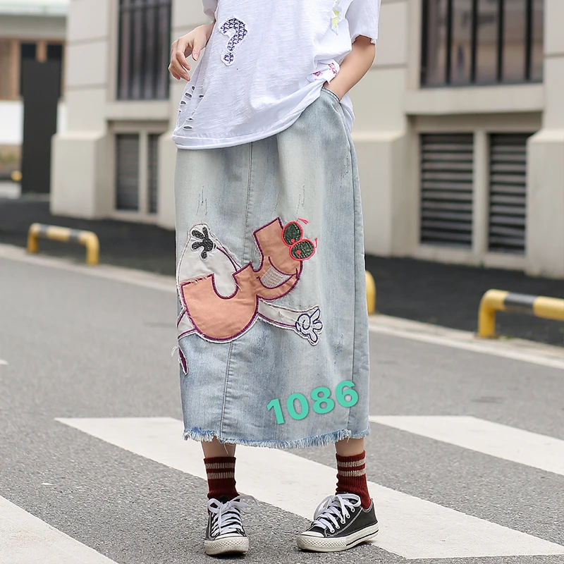 2019 spring summer digital cartoon stitch pocket Retro Elastic waist denim A-Line skirt mori girl | Женская одежда