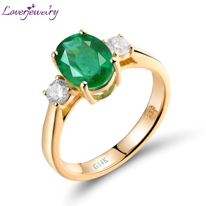 

LOVERJEWELRY Lady Rings Solid 14Kt Yellow Gold Emerald Ring Natural Diamond Zambia Emerald Ring 585 Yellow Gold For Lady Gift