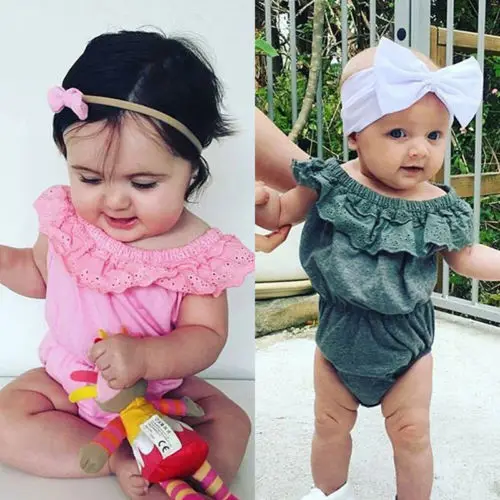 Girl Clothing Jumpsuit Outfits Sunsuit Newborn Kid Baby Girls Bodysuits Summer Sleeveless Off Shoulder Bodysuit Solid Lace Cute |