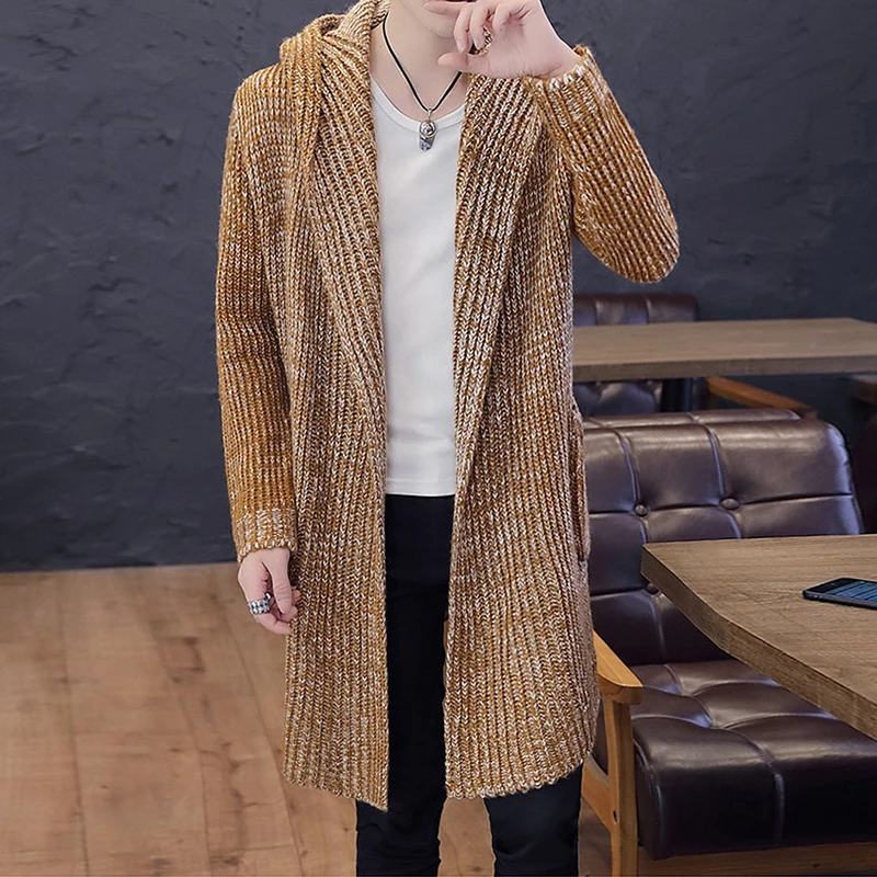 Новые кардиганы для мужчин с капюшоном однотонный вязаный Тренч толстый