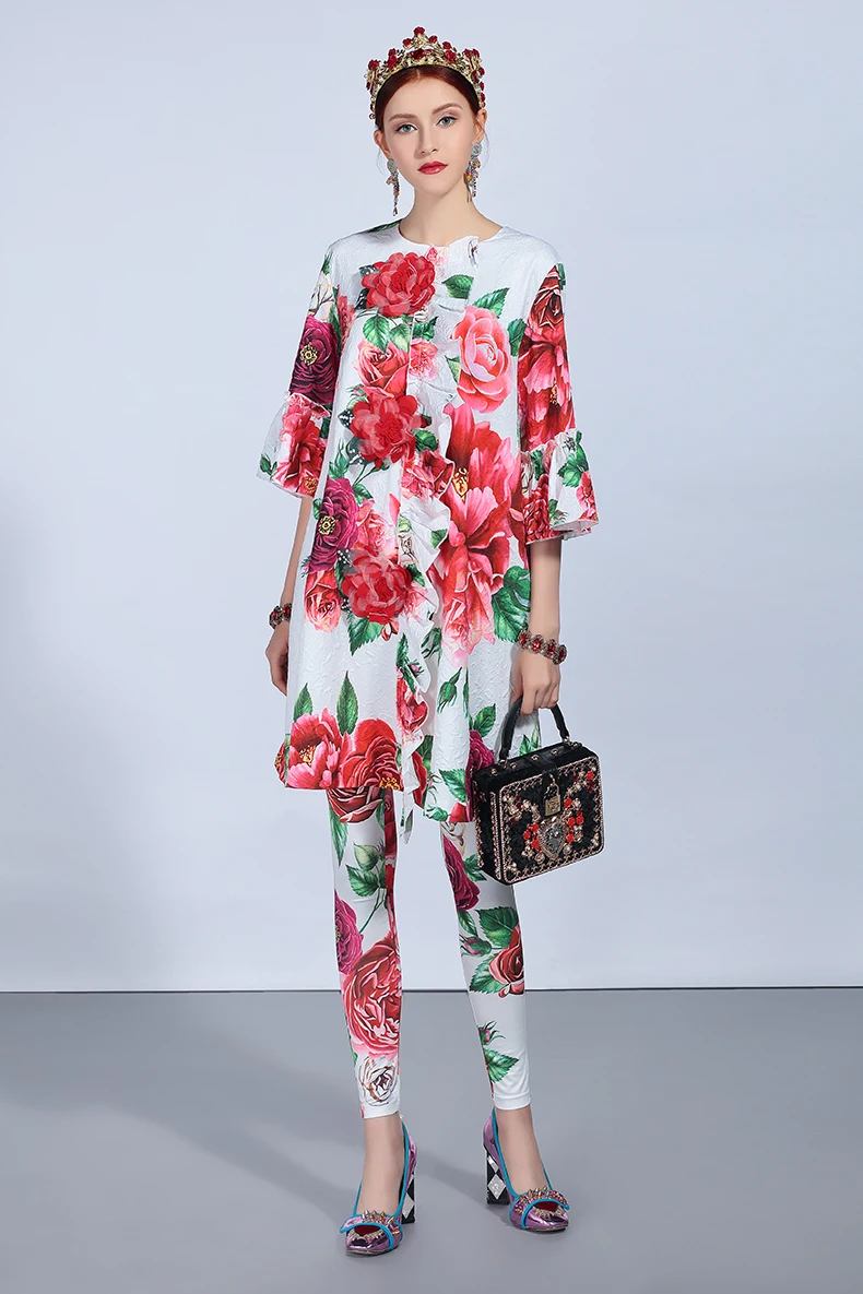 LD LINDA DELLA Autumn Fashion Runway Pants Suit Sets Women's Appliques Floral Print Long Pants Suit Two-Pieces Set