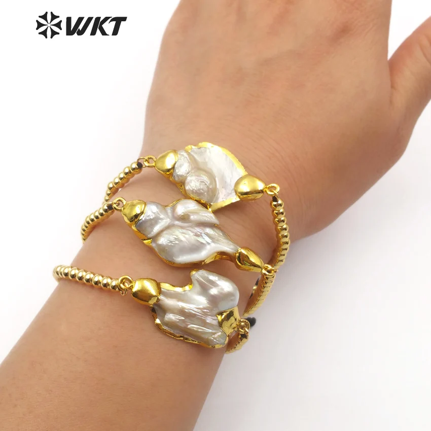 

WT-B437 WKT Popular new style natural random mop pearl girl bracelet brass bead adjustable chain with gold color plated