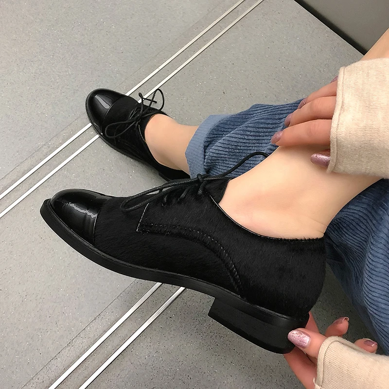 INS hot women shoes Genuine Leather Plus size 22-26.5 cm length pumps women shoes Cowhide horse hair stitching ladies Loafers