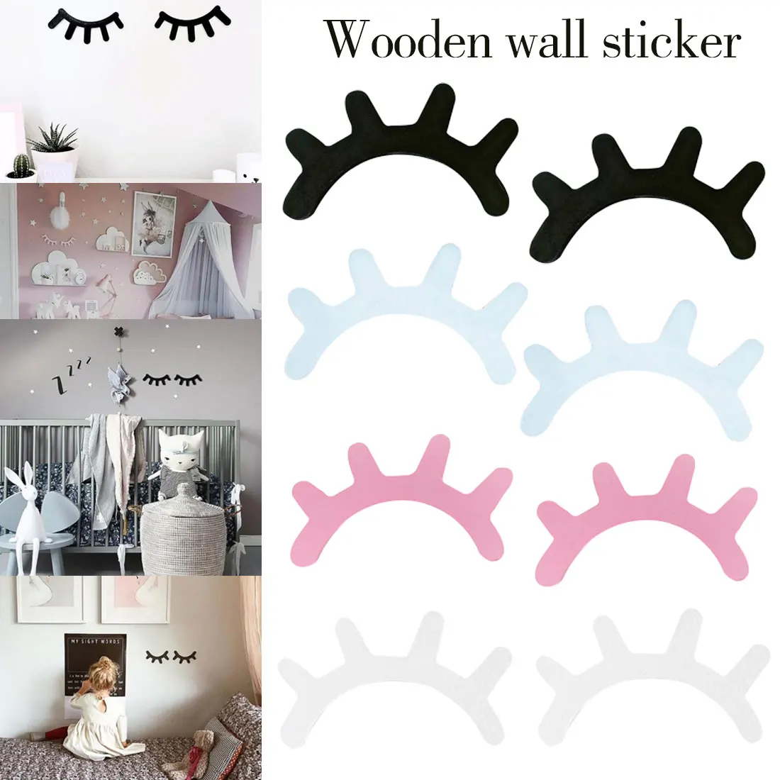 1 Pair Cartoon 3D Wood Eyelash Wall Sticker Children Kids Baby Room selfadhesive Background Home Decoration | Дом и сад