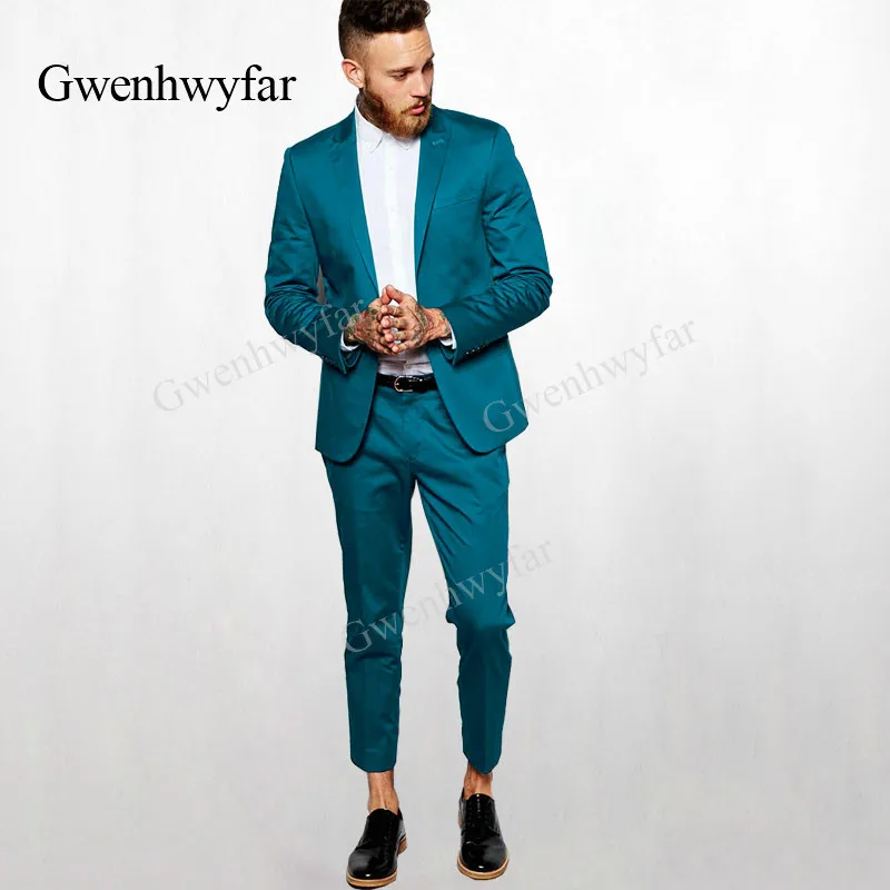 Gwenhwyfar 2018 блестящий синий костюм павлина мужской смокинг жениха приталенный из 2