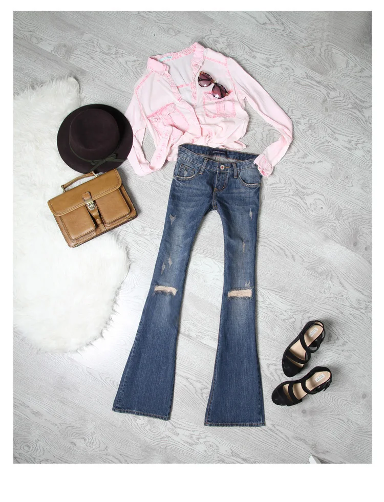 Plus Size Autumn With Low Waist Women Flare Jeans Bell Bottom Ripped For Streetwear Reglar Hole Denim C2003 |