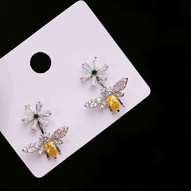 Silver Милые женские серьги-гвоздики с животными в стиле бохо, Мода 925, серебряные свадебные ювелирные изделия, двойные хрустальные серьги с цветком из циркона для женщин - Окраска металла: Silver