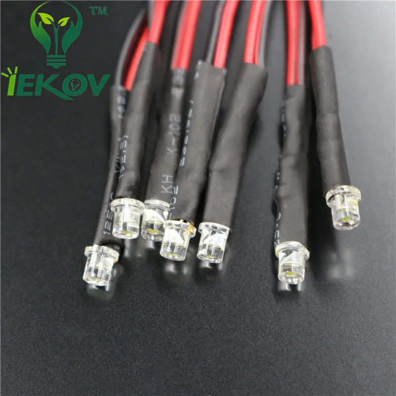 1000 шт. LED 3 мм диод 12 В Предварительно проводной резистор DC плоский Топ широкий