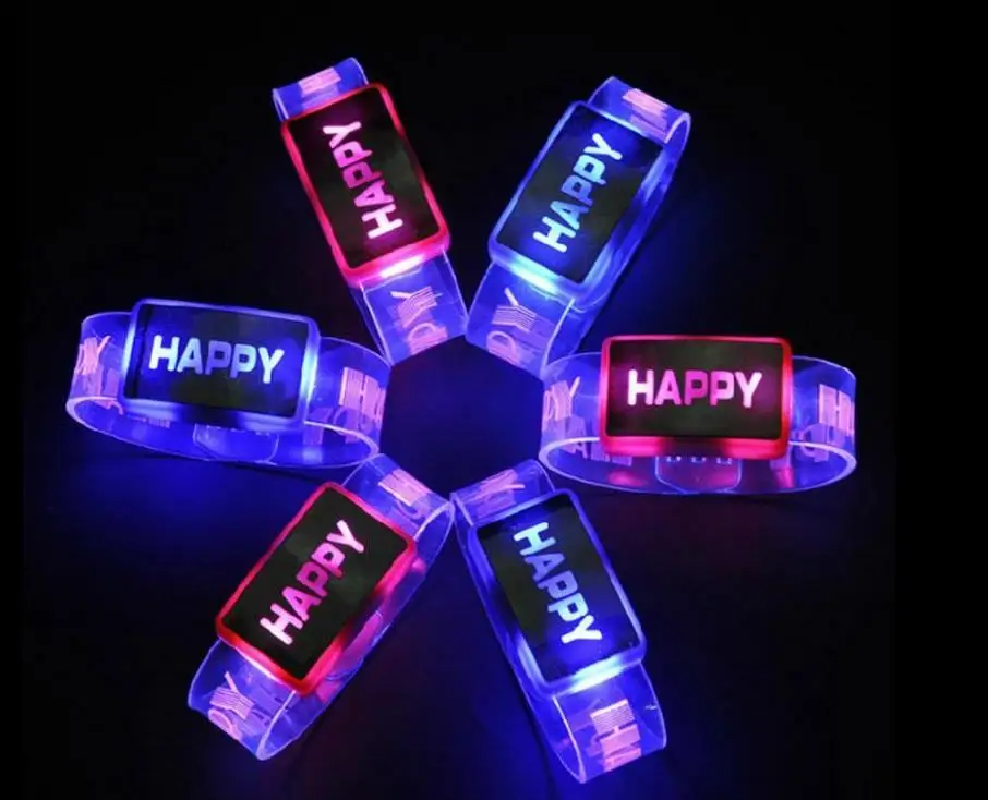 

Happy Word Flashing Wristband Glow Bangles Bands Jelly Bracelets 80s 80's Fancy Dress Kid Party Favors Presents LED Armband