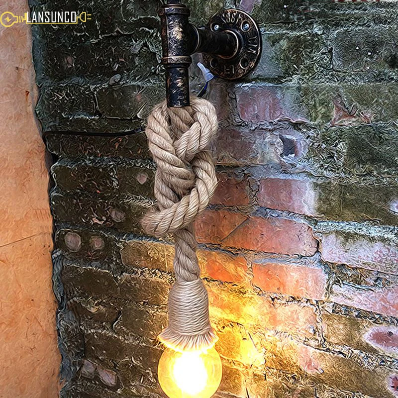 Винтажная настенная светильник Труба для воды Волоконная веревка настенная лампа E27 Ретро железная настенная лампа для внутреннего декора античная накладная фурнитура.
