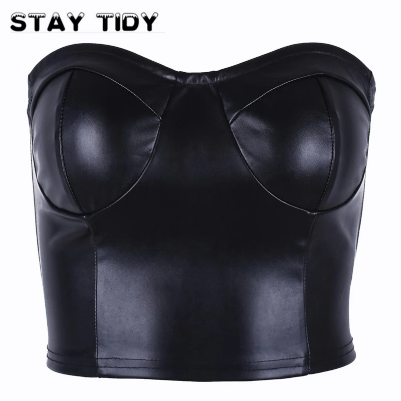 STAY TIDY/черные трубчатые Топы без бретелек из искусственной кожи летние женские
