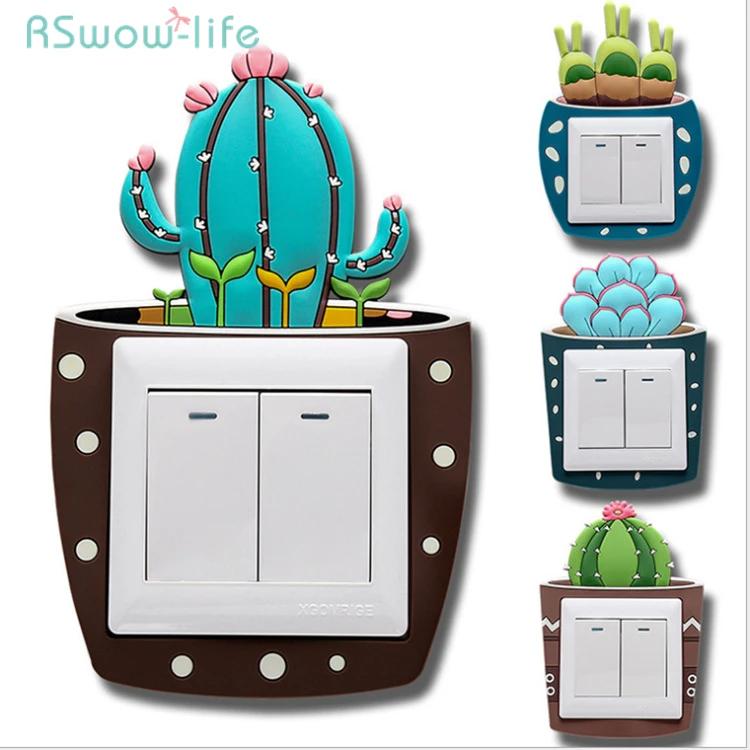 

2Pcs 8.6*8.6cm Simple Wall-Mounted Socket Decoration Cactus Night-Light Switch Sticker Living Room Cartoon Plant Silica Gel