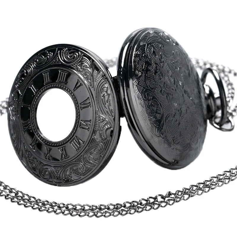 Classical Vintage Black Roman Number Pocket Watch Stainless Steel Case Design Gold Dial Quartz Necklace Watches Gifts New | Наручные часы