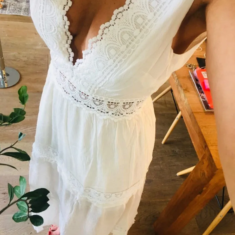 Deep V Elegant White Lace Sexy Dress Women Backless Hollow Out Summer Long Maxi Dresses Female Clothing S M L Xl | Женская одежда