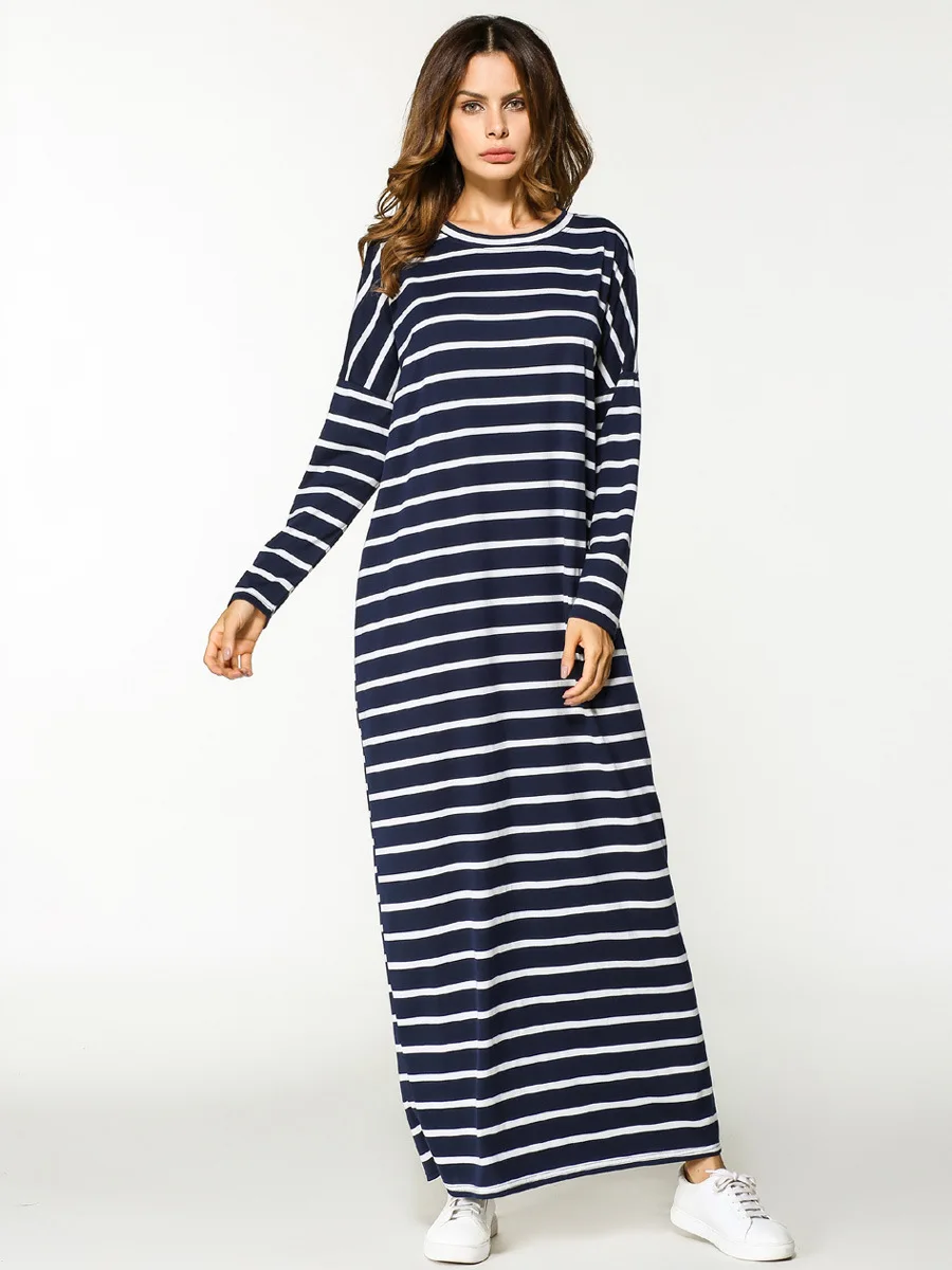 

Islamic Muslim cotton striped bats sleeves loose style oversized abayas dress in Dubai Turkish ladies clothing high quality