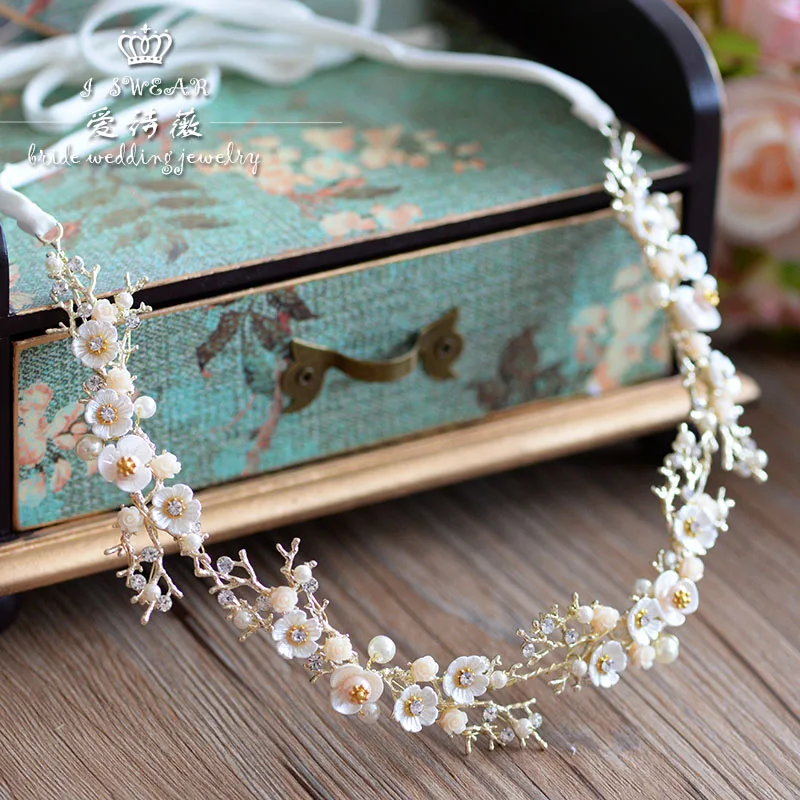 

handmade shell flower crystal immitate pearl headband brides tiara headdress tocado novia bride hair accessories