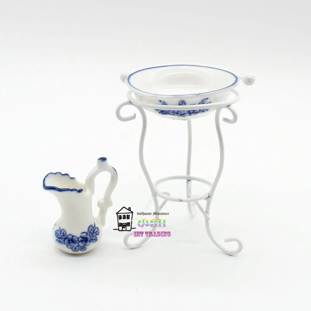 Miniature Dollhouse 1:12 Bathroom Accessories Set blue flower Washstand / Washbasin Kettl Dolls Bath Decoration Gift Kits 3 pcs | Игрушки и