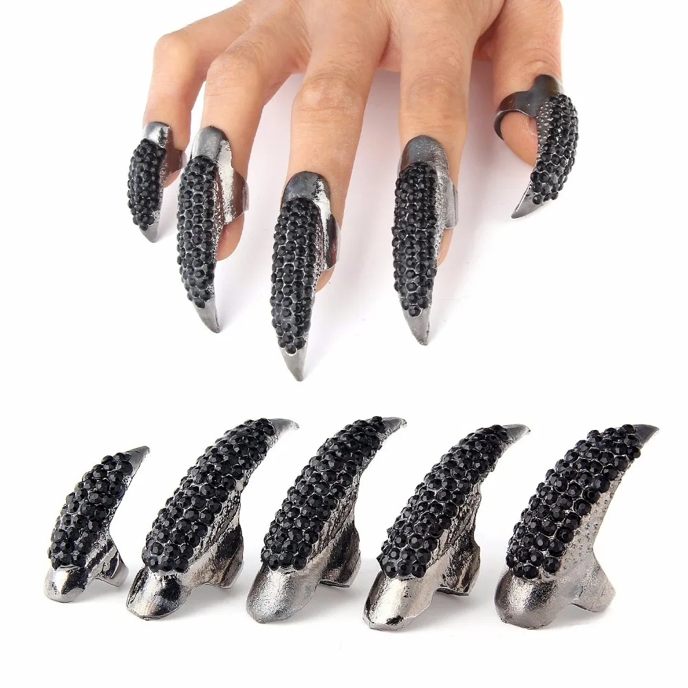 10pcs/set DIY Jewelry Punk Style Crystal Rhinestone Paved Paw Bend Fingertip Finger Claw Ring Set Fake False Nails Set