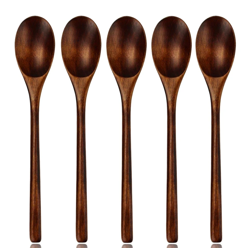 wood Ложки, деревянная ложка для супа, 5 шт., Экологичная посуда, натуральный эллипс, деревянный ковш, ложка, набор для еды, смешивание, перемешивание - Цвет: wood