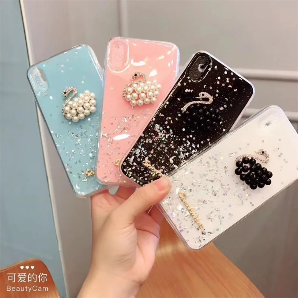 Новый Модный чехол с лебедем и бриллиантом для iphone 6 s 7 8 Plus X XR XS MAX розовый синий