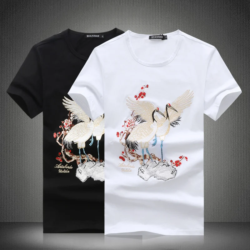 Новые модные летние шорты комплекты Для мужчин s Повседневное Crane Embroidery костюмы для Для мужчин китайский Стиль костюм с принтом Футболка+ брюки M-5XL