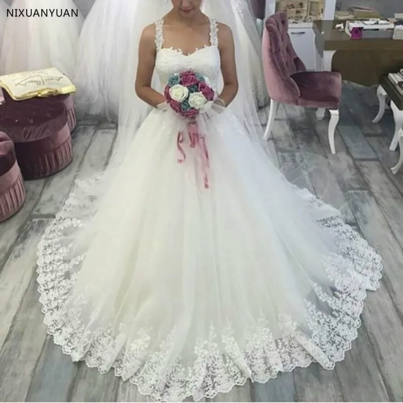 

Ball Gown Princess Wedding Dress 2021 Spaghetti Straps Lace Tulle Floor Length Bridal Gowns Vestido De Noiva Custom Made