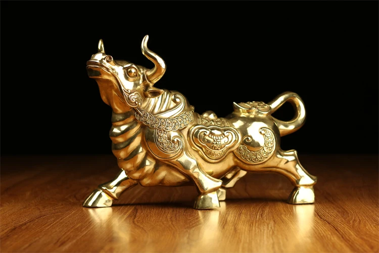 

35CM HOME office SHOP TOP efficacious Money Drawing Mascot # GOOD LUCK Cattle Fortune cattle bull FENG SHUI Brass statue