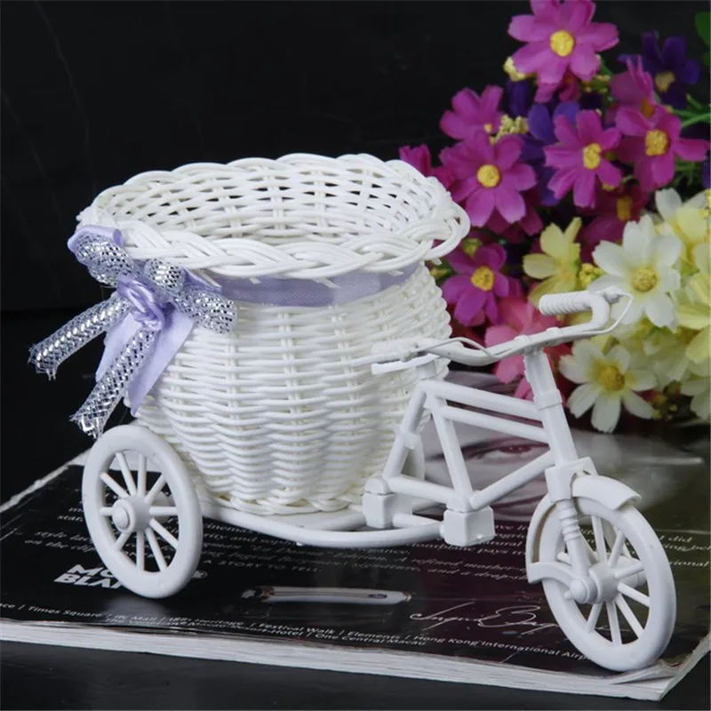 

2021 New Bicycle Decorative Flower Basket Newest Plastic White Tricycle Bike Design Flower Basket Storage Party Decoration Pots