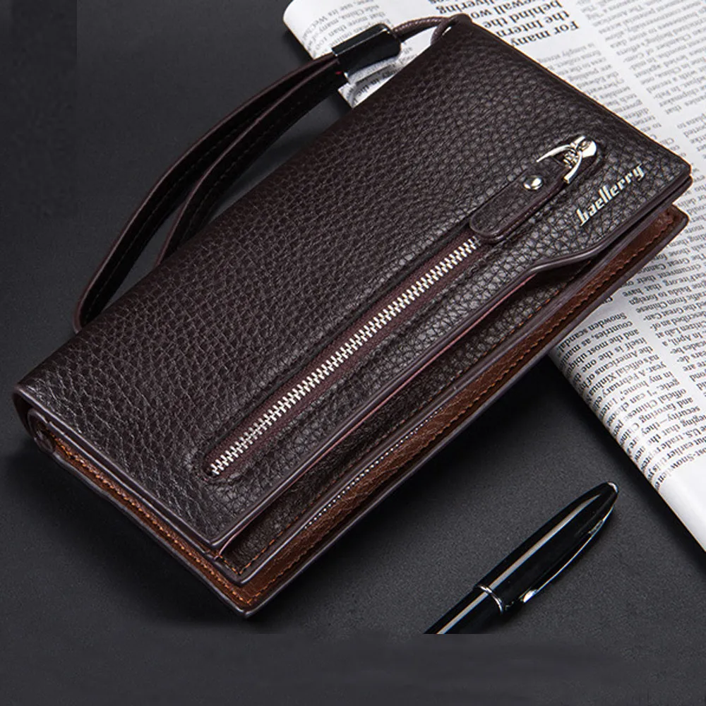 Мужской длинный кожаный кошелек на молнии с отделением для ID карт путешествий