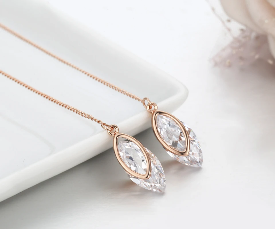 Женские серьги подвески Marquise длинные с цирконием и цепочкой розового золота|jewelry