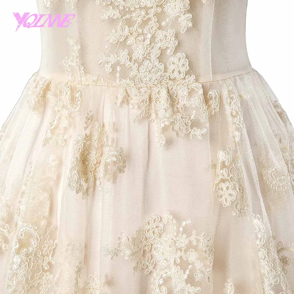 YQLNNE Шампанское Кружева свадебное платье спагетти спинки Vestido De Noiva