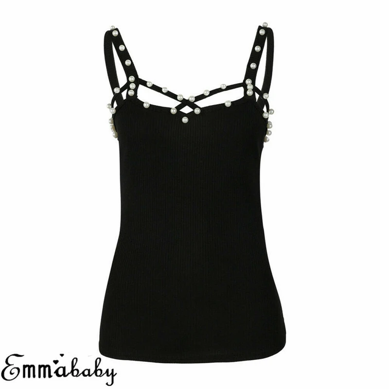 Летний женский топ без рукавов с жемчужинами и бисером 2019|Майки| |