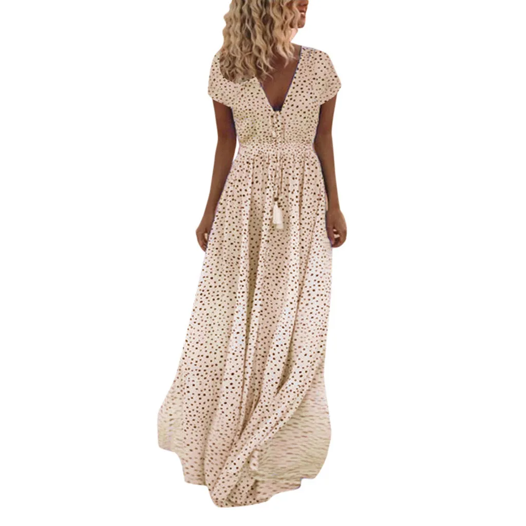 Оранжевый Vestido de festa longo, женское летнее платье, короткий рукав, в горошек, с кисточками, v-образный вырез, длинные платья, винтажная пляжная туника, макси платье, Saia - Цвет: Оранжевый