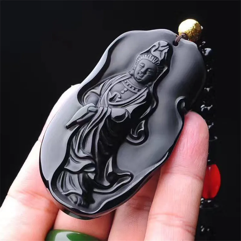 Подвеска из натурального черного обсидианского камня с 3 вырезами Guanyin Bodhisattva Patron