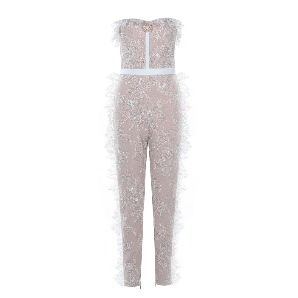 High Quality White Lace Strapless Rayon Bandage Jumpsuit Evening Party | Женская одежда