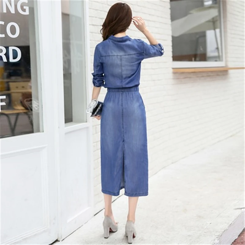 Женское джинсовое платье с длинным рукавом и V образным вырезом|plus size dress|women denim