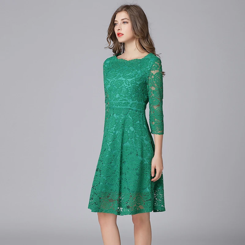 Queechalle Three Quarter Sexy Lace Dress Women Hollow Out Slim Waist One-piece L XL XXL 3XL 4XL 5XL Plus Size Vestidos | Женская одежда