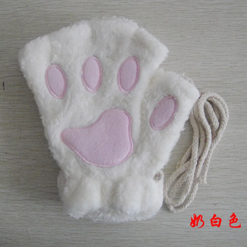 Winter cute cartoon cat girl mitt thickening fluff bear paw half finger gloves G22 - Цвет: Milky white