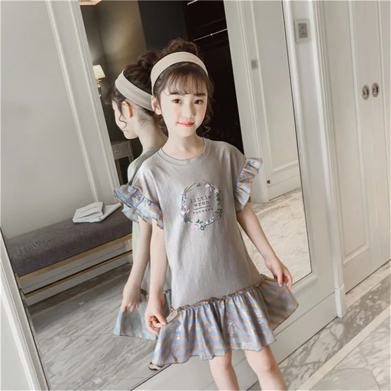 

2019 Summer Big Girls Dress Fashion Korean Ruffled Casual Print Short Sleeve Kids Dresses For Girls Children Cotton Clothing