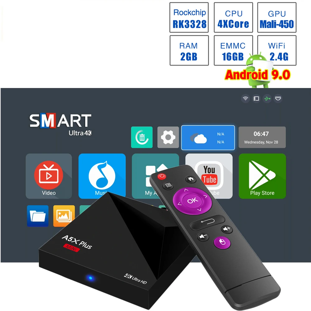 A5X Plus мини Smart tv BOX Android 9,0 2GB 16GB Rockchip RK3318 2,4G wifi 100M LAN телеприставка USB 3,0 4K HD медиаплеер