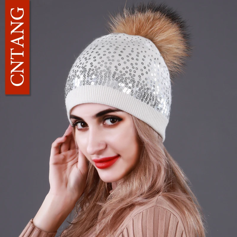 

Шапка CNTANG женская вязаная шерстяная, с круглыми блестками, зимняя, теплая